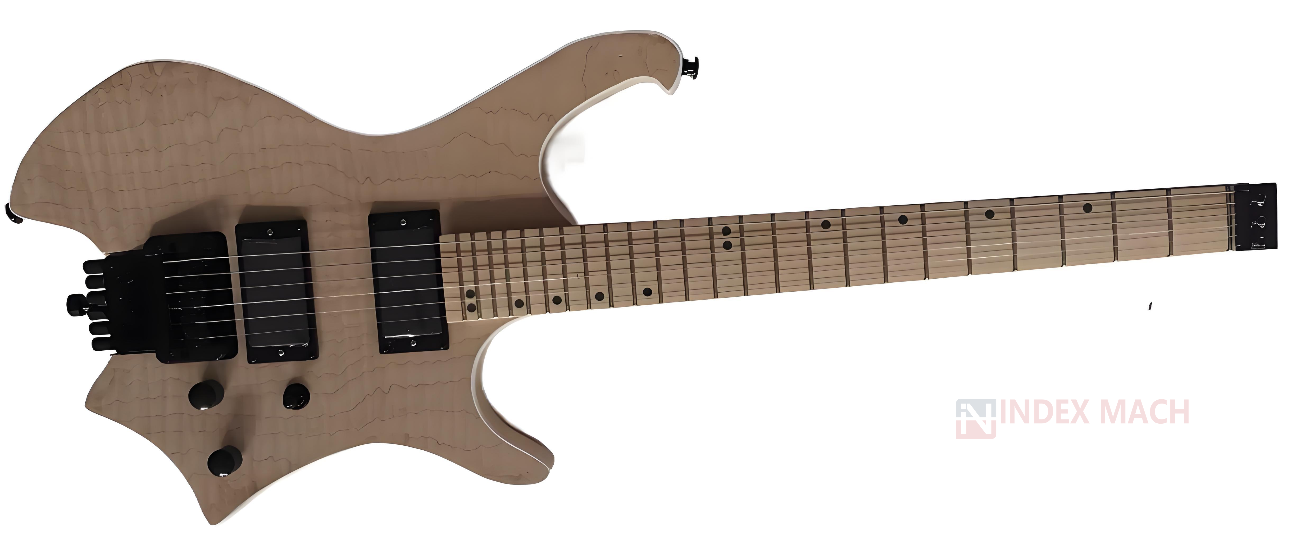 Solid-wood headless electric guitar with CNC-routed body — flame-maple blank showing humbucker pockets, control recesses and headless bridge cavity