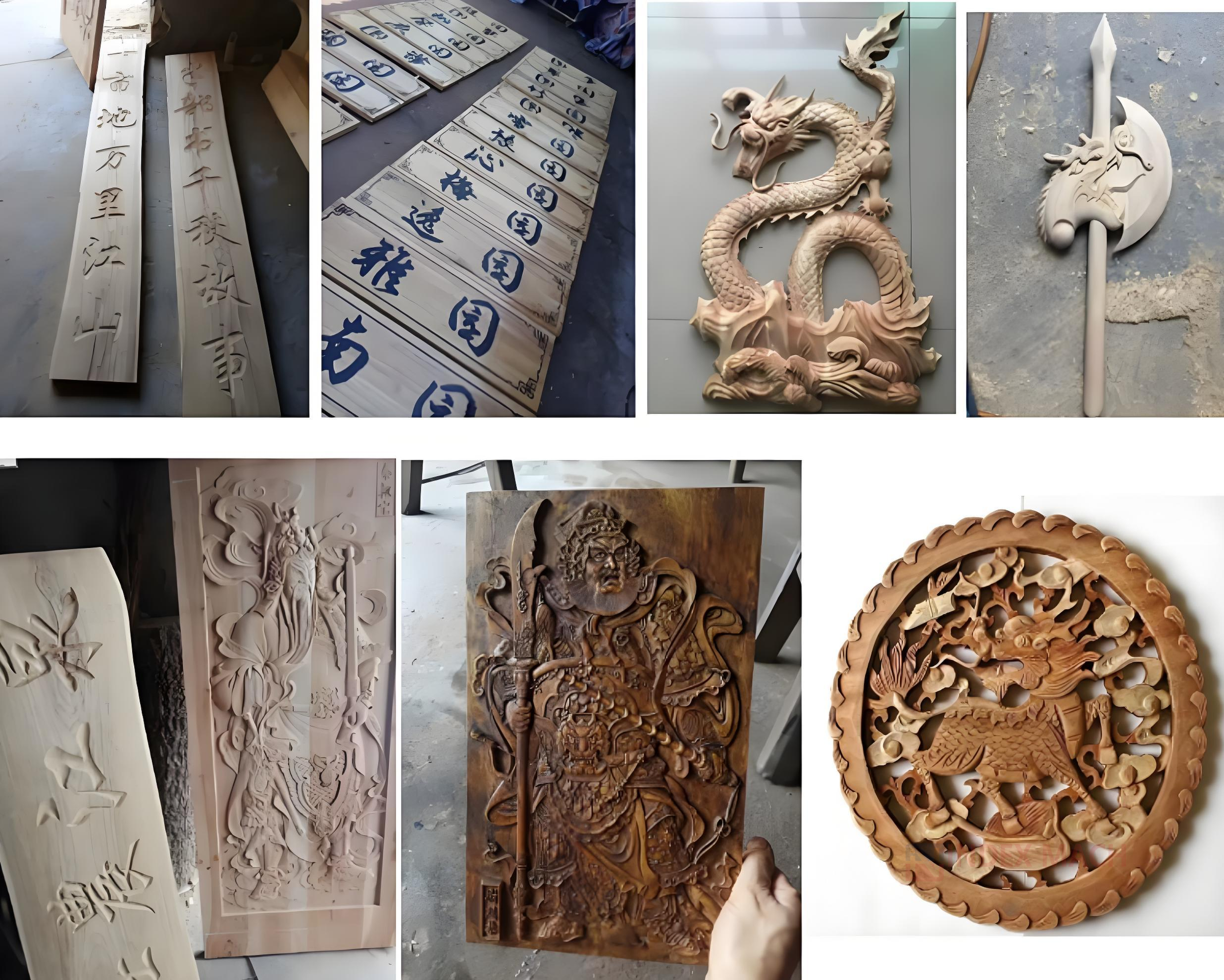 Solid-wood relief carving and giftware samples from CNC routing — high-repeat crafts and housewares blanks