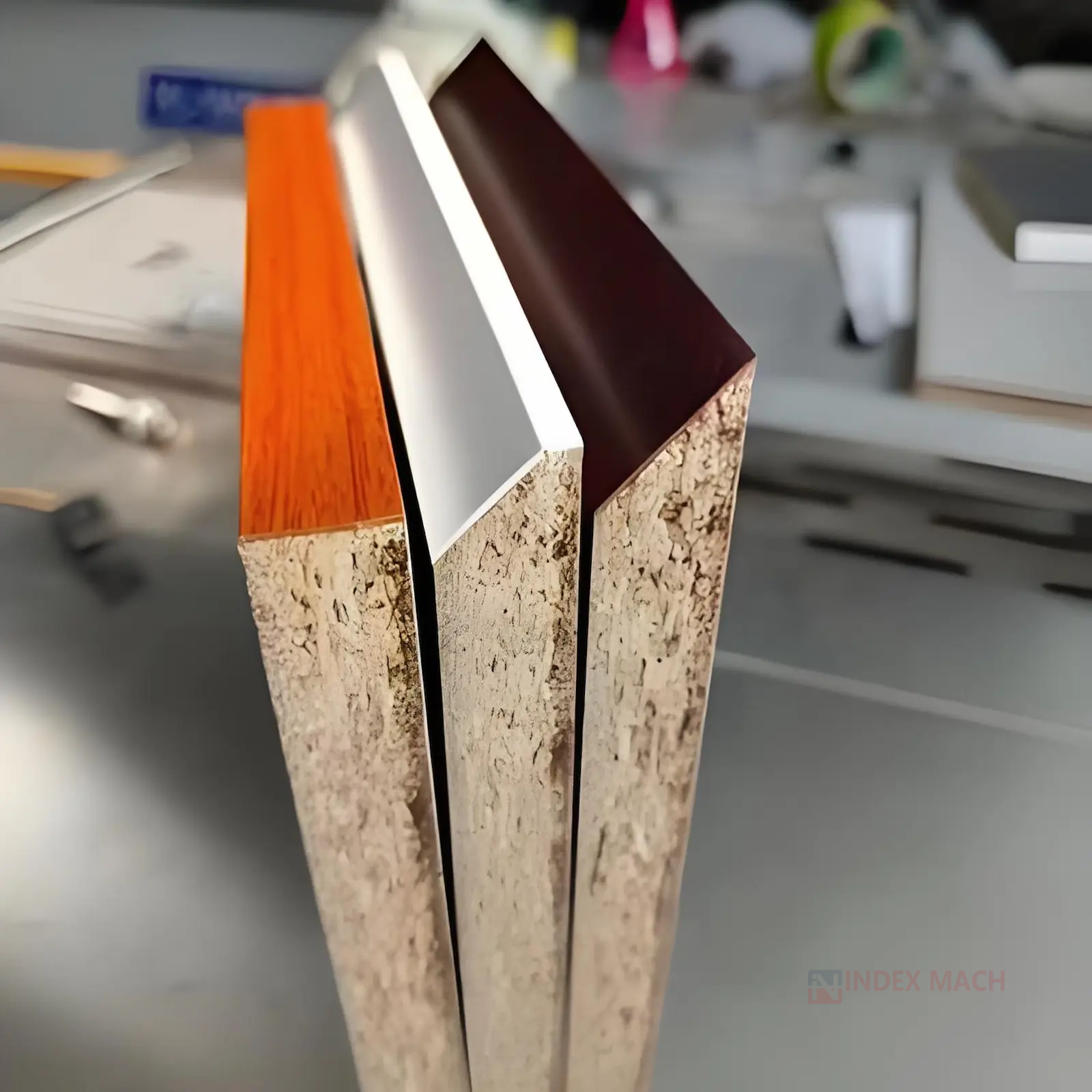 IMEB-BV bevel edge banding sample on a furniture panel