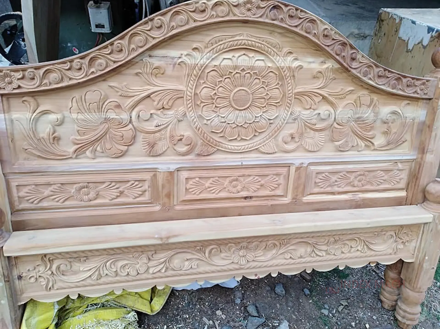 Wood CNC router machined solid wood bed headboard, deep relief lotus flower and scroll vine floral carving, raw timber