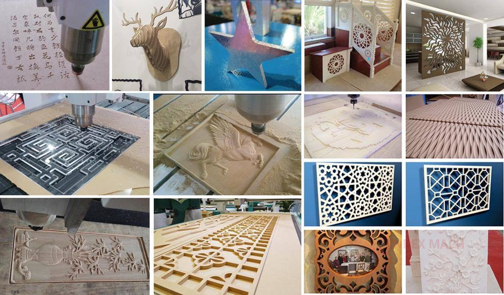 Multi-spindle CNC router sample collage — repeating wood panels, geometric lattice screens, relief door inserts and furniture blanks cut several-up