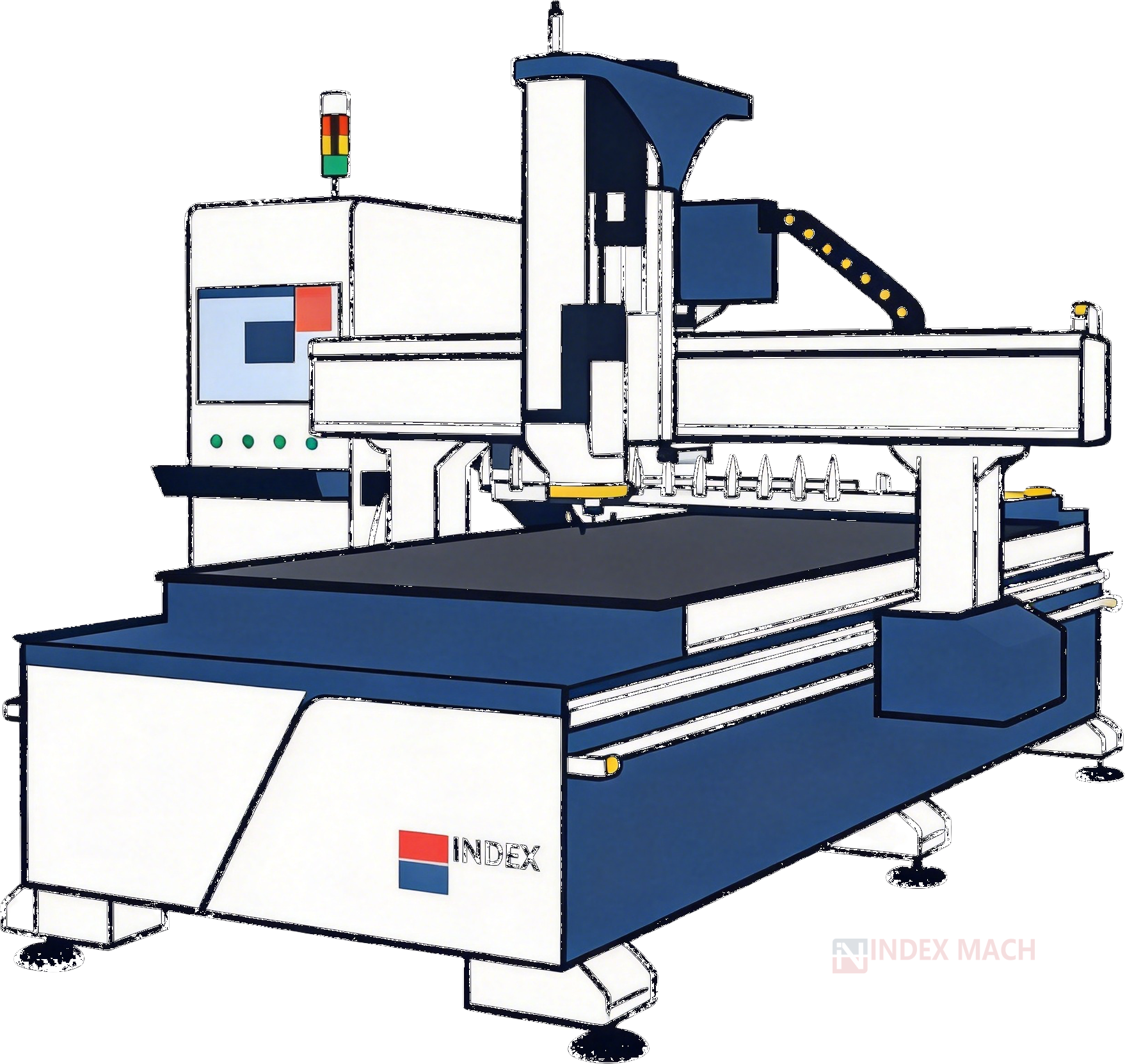 IndexMACH CNC router — line drawing of a gantry nesting cell