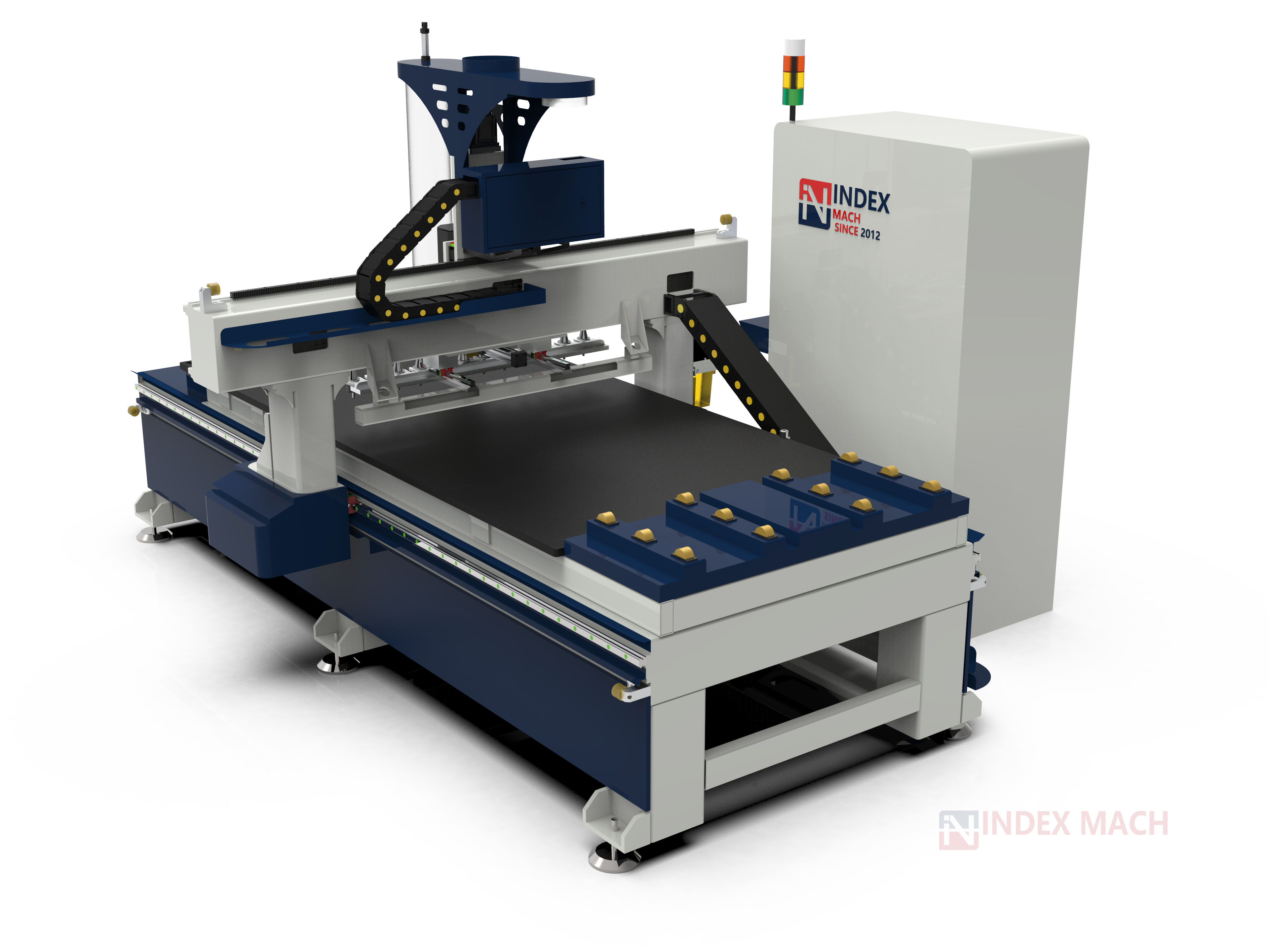 IMCR-ATC1325 4x8 ft ATC CNC router (1300×2500 mm) with heavy-duty welded steel bed — rear right view