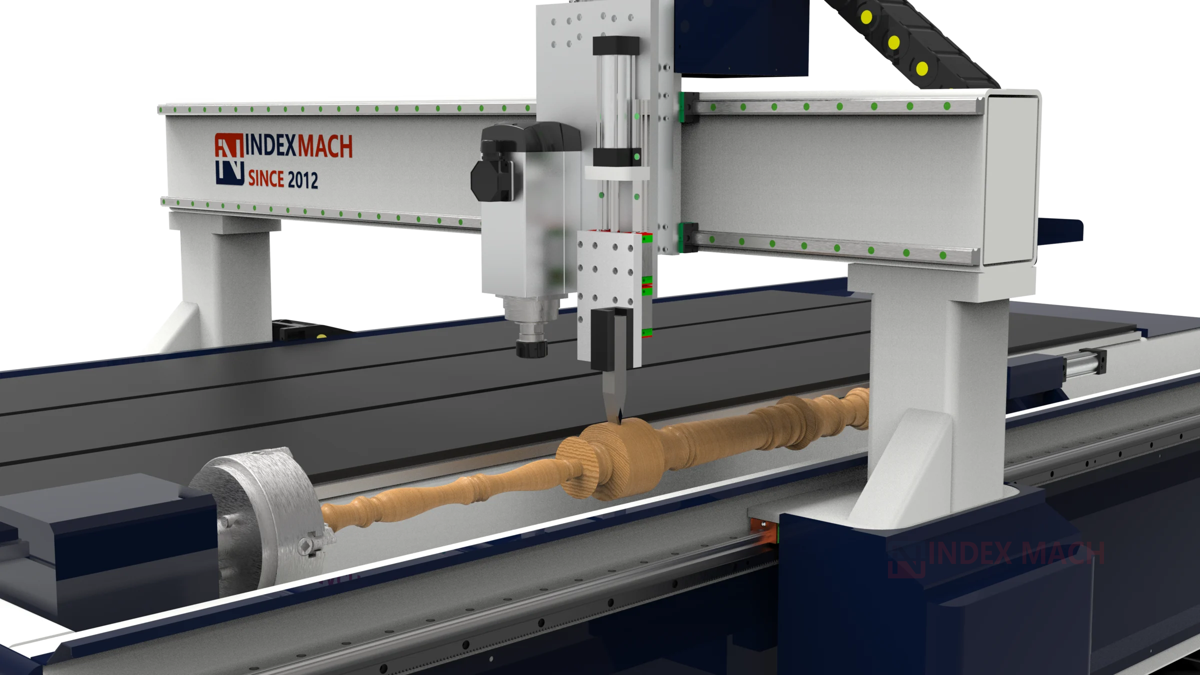 CNC Router-Lathe Combo IMCR-WL1325 — rotary axis close-up machining a turned wood spindle