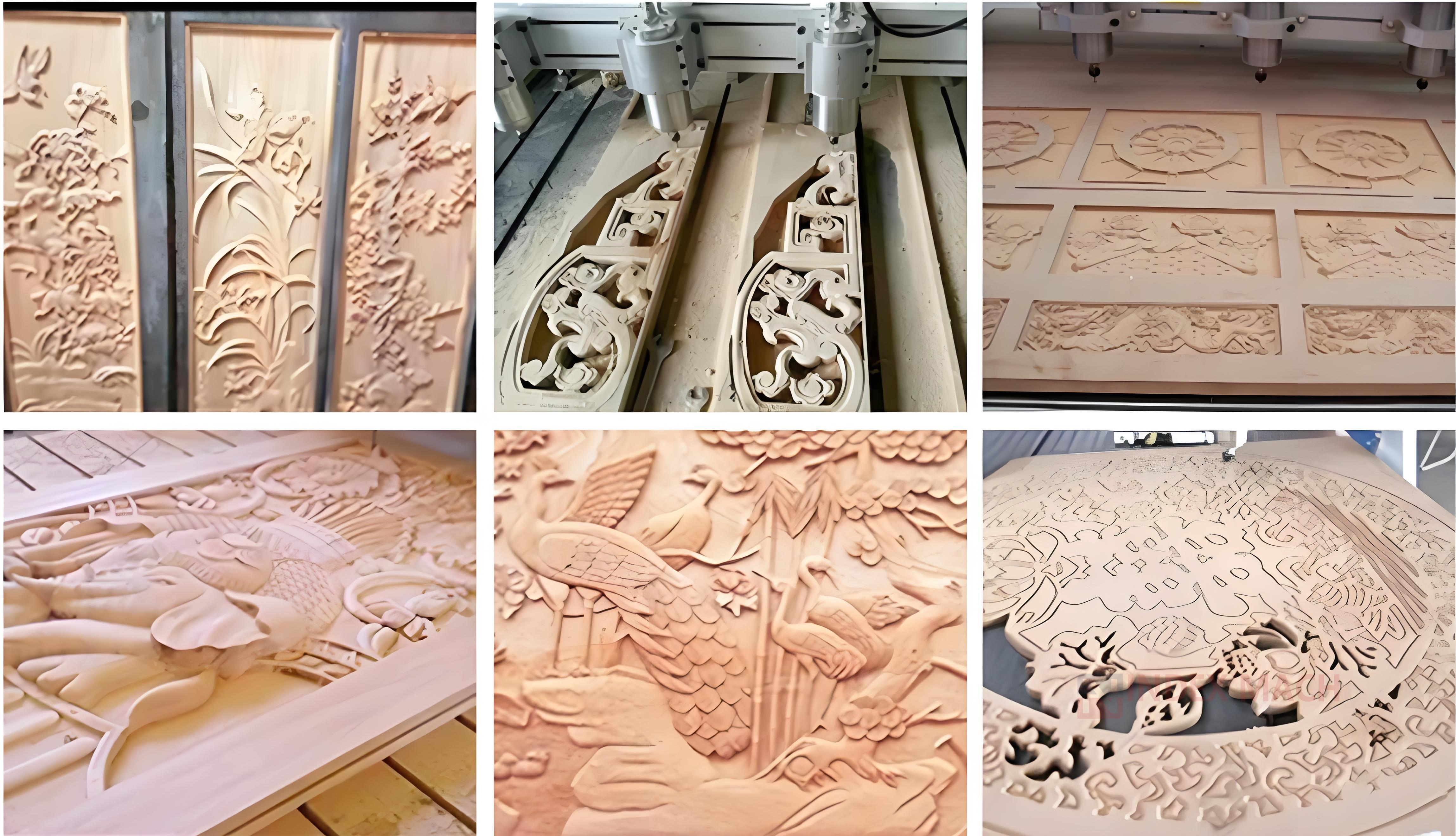 Multi-spindle CNC wood router carving samples — identical relief panels and decorative cut-outs run several-up in one pass