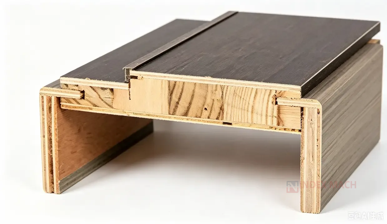 Split-jamb door frame cross-section with edge banding on the stepped profile